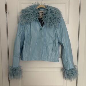 Urban Outfitters Light Blue Faux Fur-Trim Leather Jacket